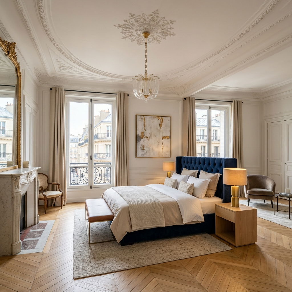 Chambre mansardée avec poutres apparentes, tête de lit bleu et vue sur les toits