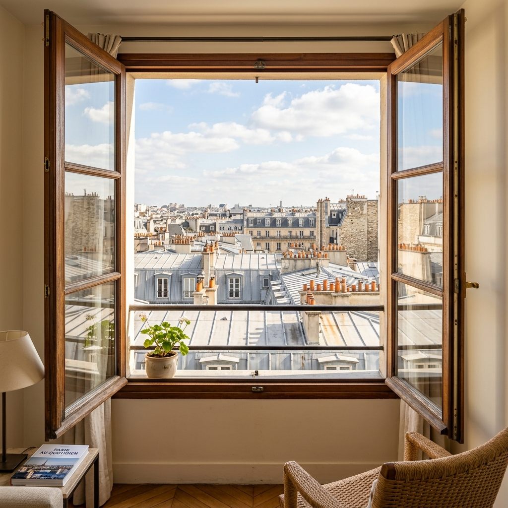 Vue sur les toits de Paris depuis une fenêtre avec clocher au loin