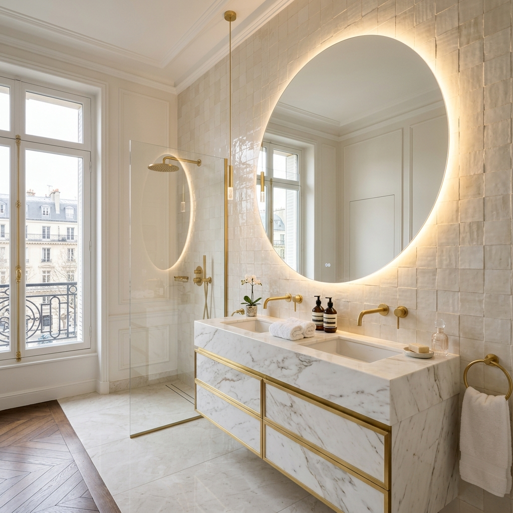 Salle de bain avec carrelage zelliges, robinetterie dorée et douche en verre